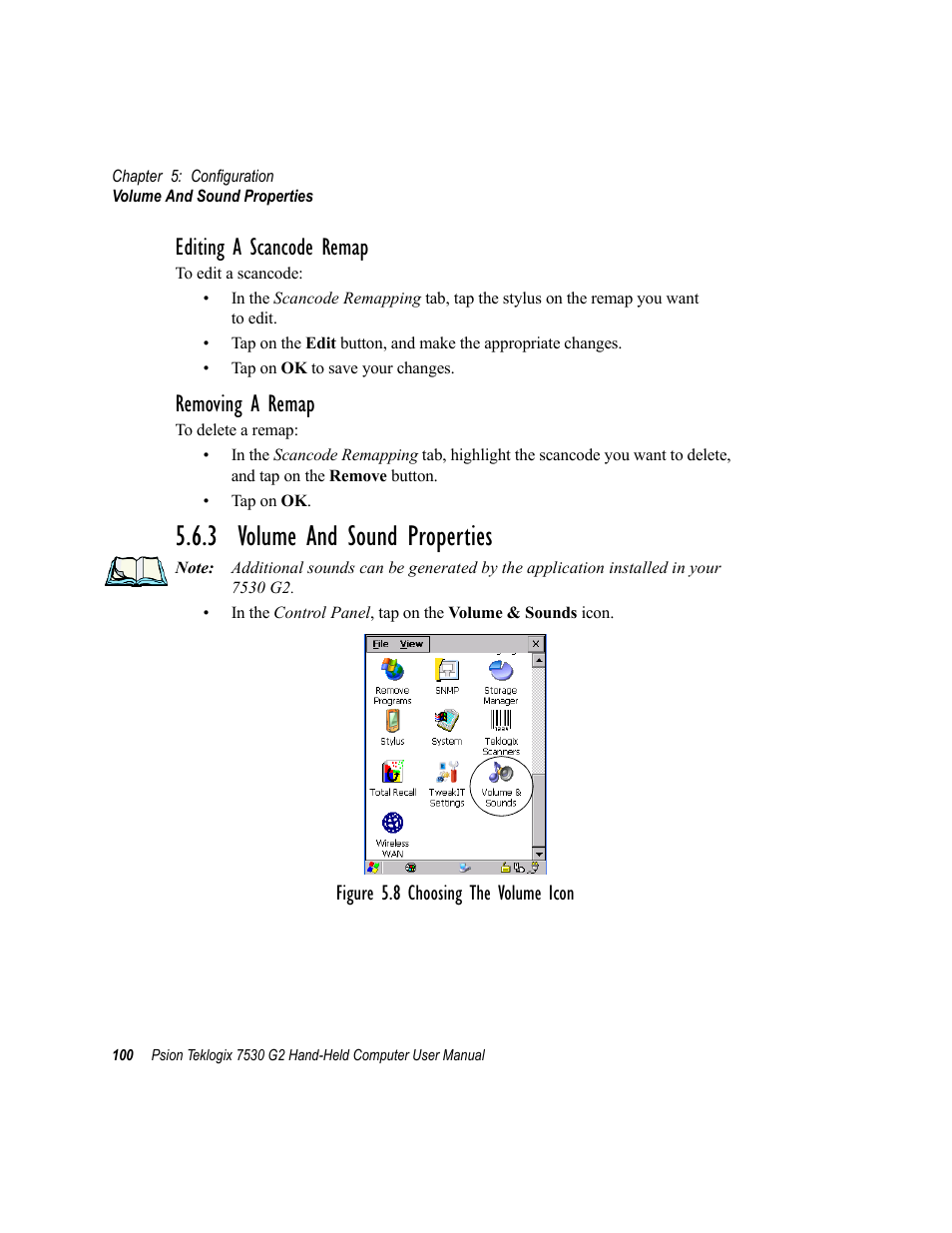 3 volume and sound properties, Editing a scancode remap, Removing a remap | Psion Teklogix Hand-Held Computer 7530 G2 User Manual | Page 128 / 296