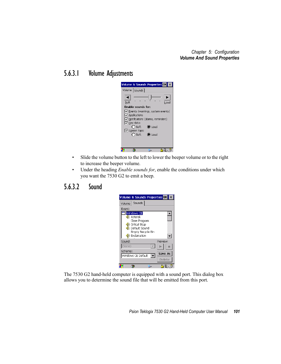 1 volume adjustments, 2 sound, 1 volume adjustments 5.6.3.2 sound | Psion Teklogix Hand-Held Computer 7530 G2 User Manual | Page 129 / 296