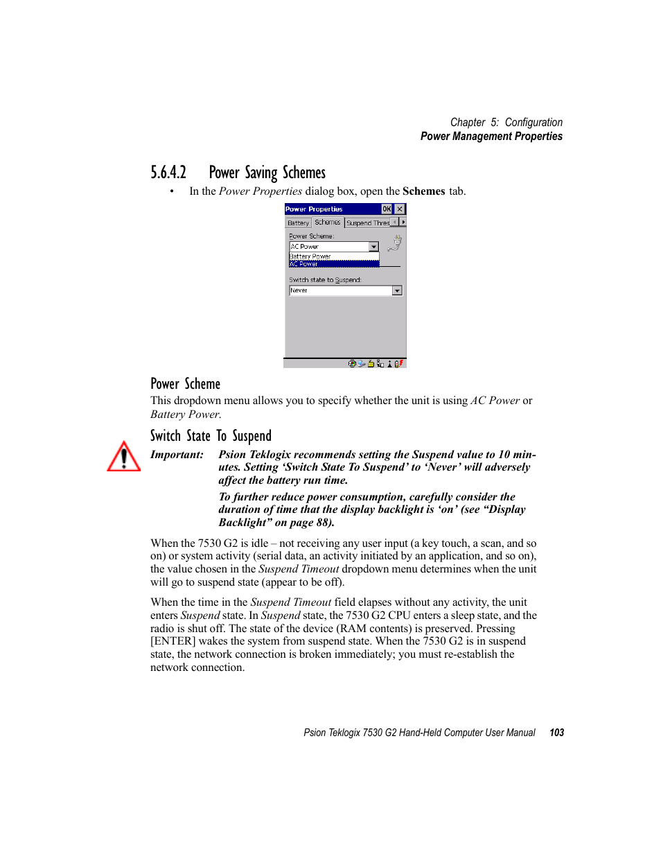 2 power saving schemes, Power scheme, Switch state to suspend | Psion Teklogix Hand-Held Computer 7530 G2 User Manual | Page 131 / 296