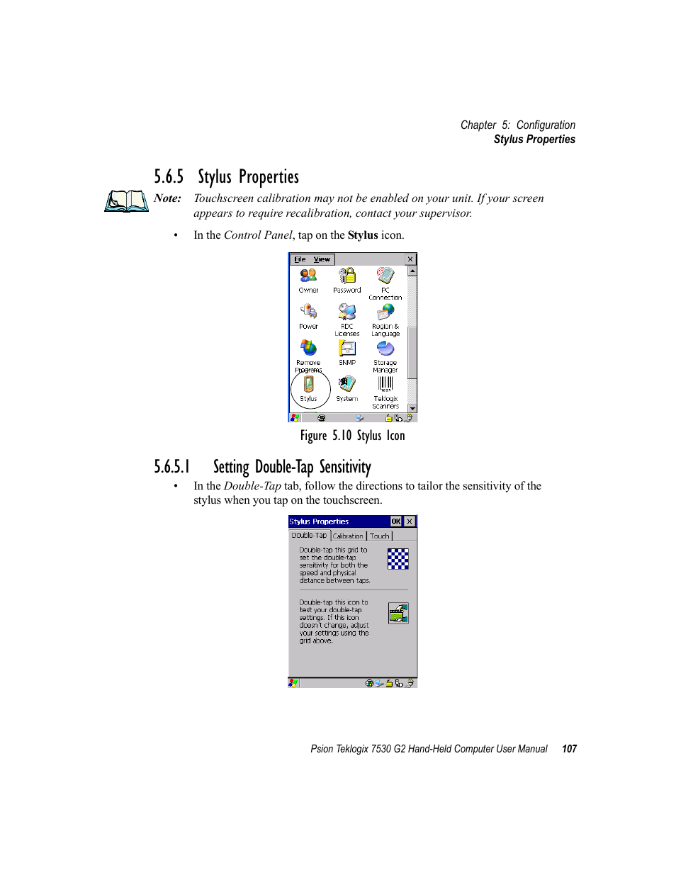 5 stylus properties, 1 setting double-tap sensitivity | Psion Teklogix Hand-Held Computer 7530 G2 User Manual | Page 135 / 296