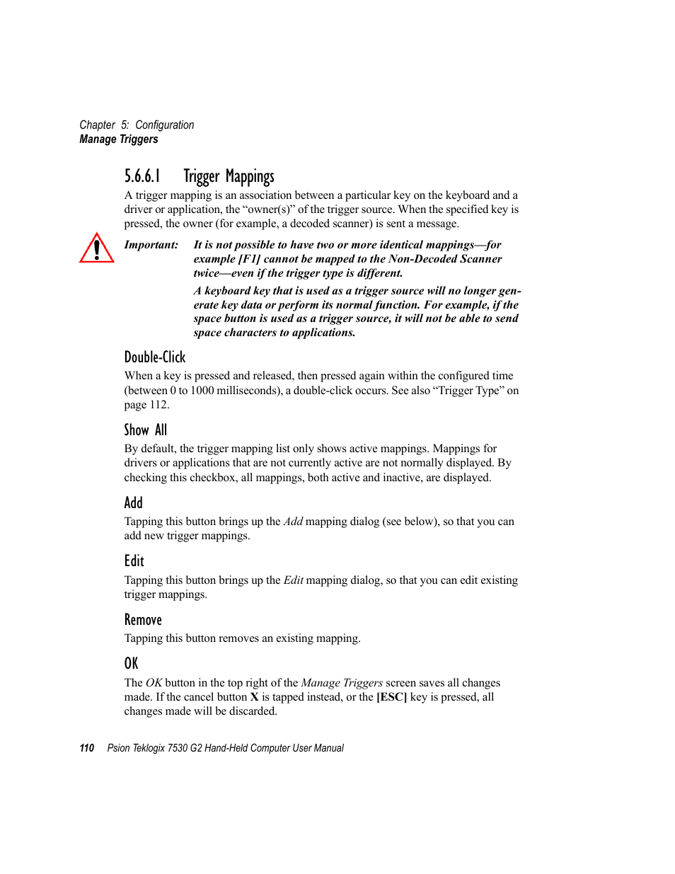 1 trigger mappings, Double-click, Show all | Edit, Remove | Psion Teklogix Hand-Held Computer 7530 G2 User Manual | Page 138 / 296