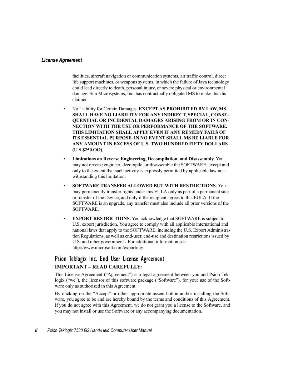 Psion teklogix inc. end user license agreement | Psion Teklogix Hand-Held Computer 7530 G2 User Manual | Page 14 / 296