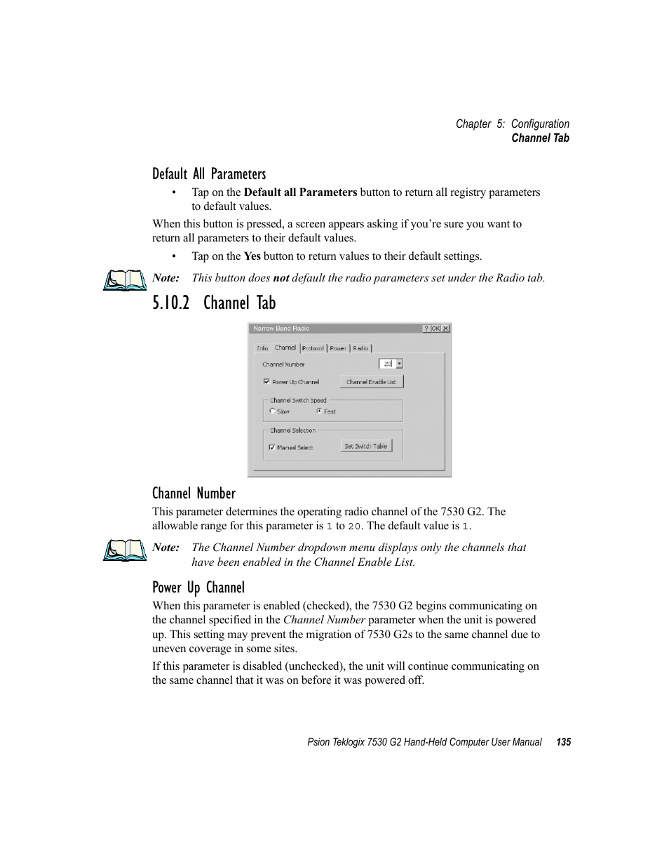 2 channel tab, Default all parameters, Channel number | Power up channel | Psion Teklogix Hand-Held Computer 7530 G2 User Manual | Page 163 / 296