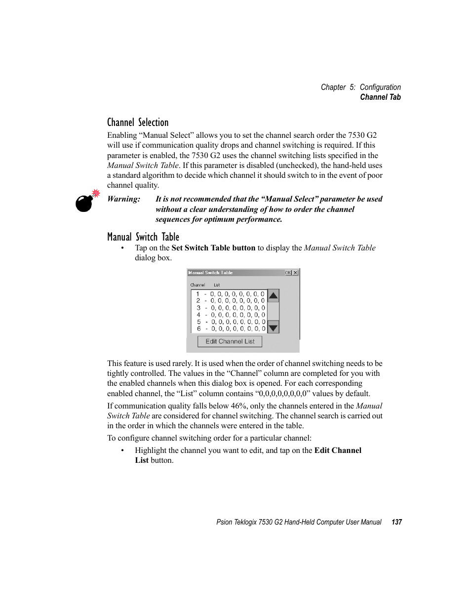 Channel selection, Manual switch table | Psion Teklogix Hand-Held Computer 7530 G2 User Manual | Page 165 / 296