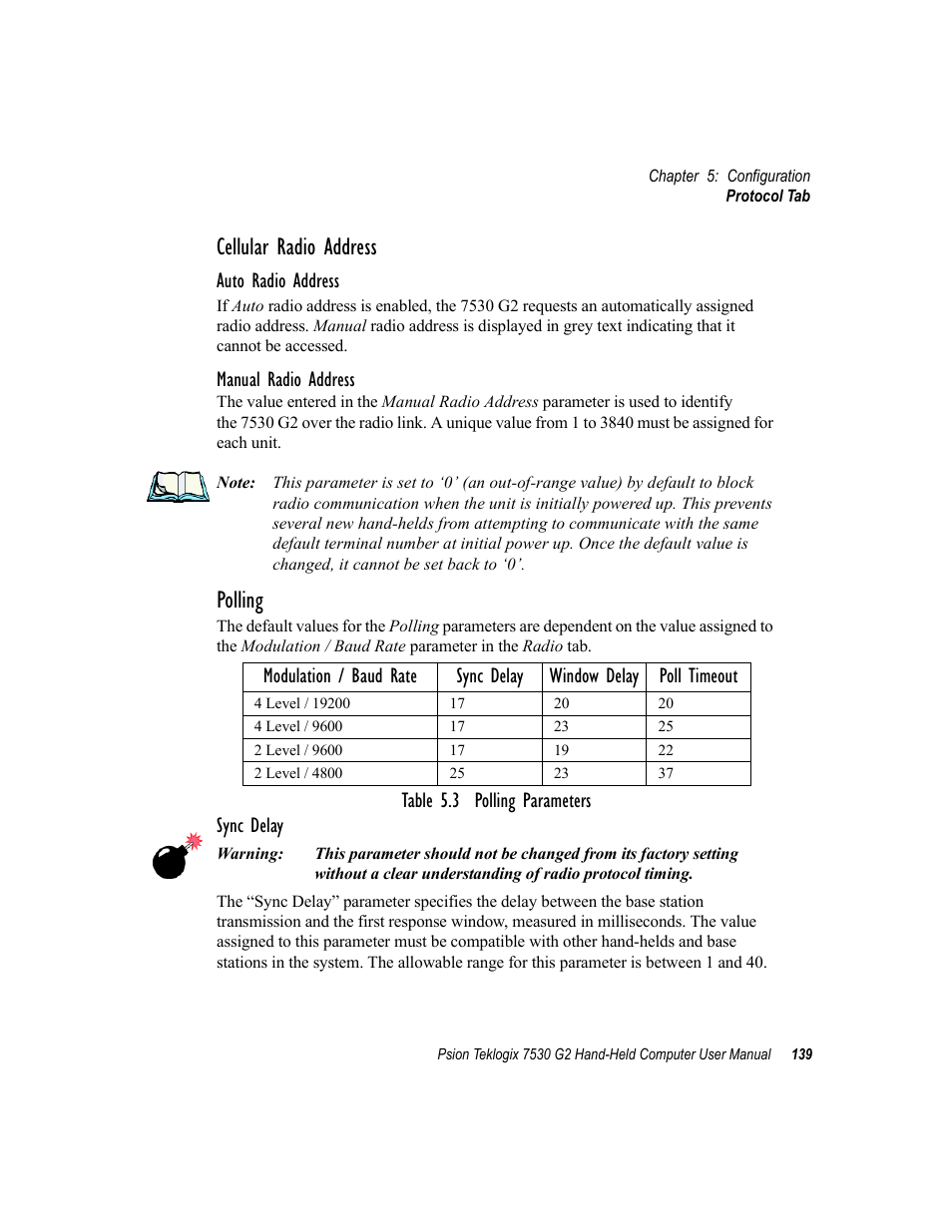 Cellular radio address, Polling, Auto radio address | Manual radio address, Table 5.3 polling parameters sync delay | Psion Teklogix Hand-Held Computer 7530 G2 User Manual | Page 167 / 296
