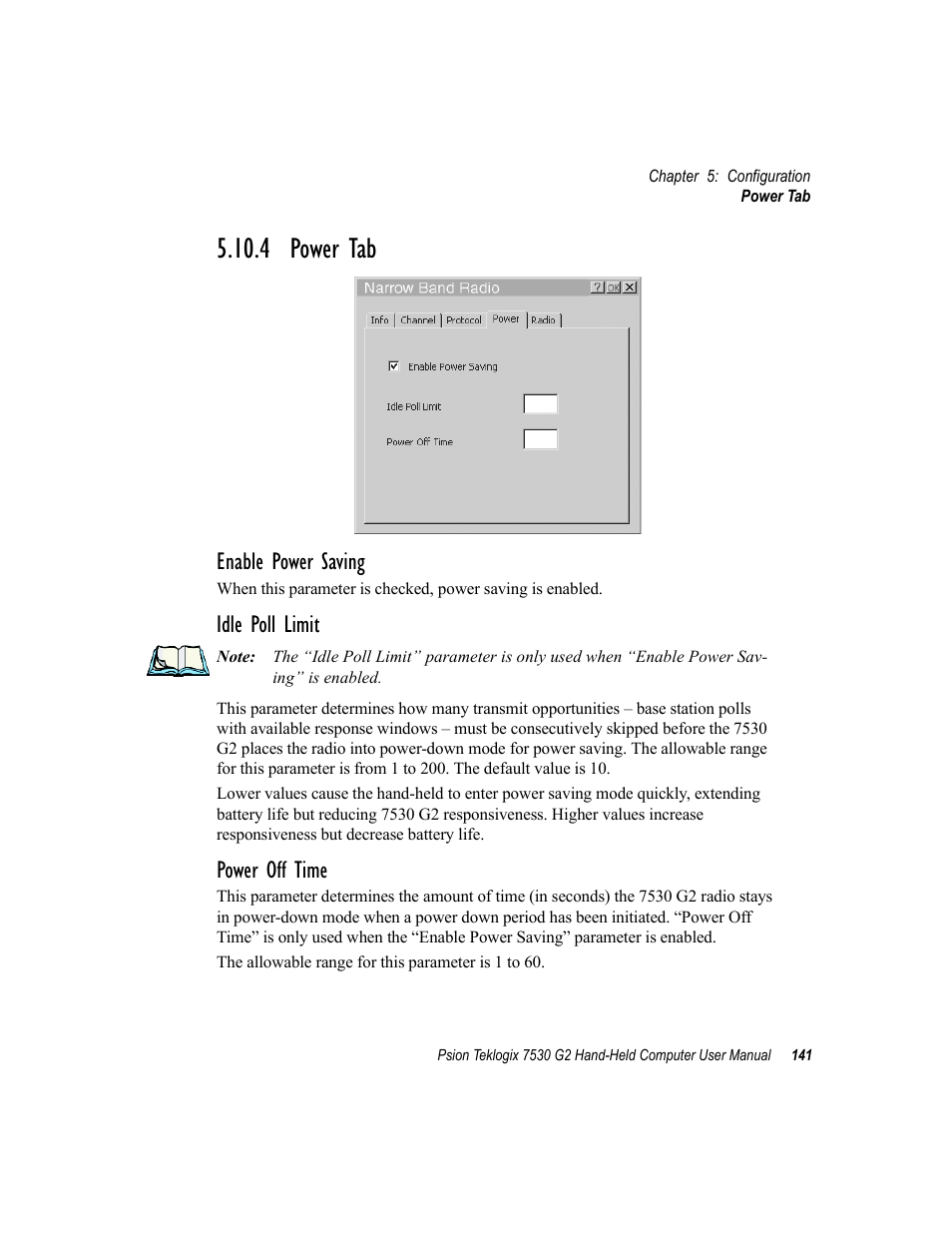 4 power tab, Enable power saving, Idle poll limit | Power off time | Psion Teklogix Hand-Held Computer 7530 G2 User Manual | Page 169 / 296