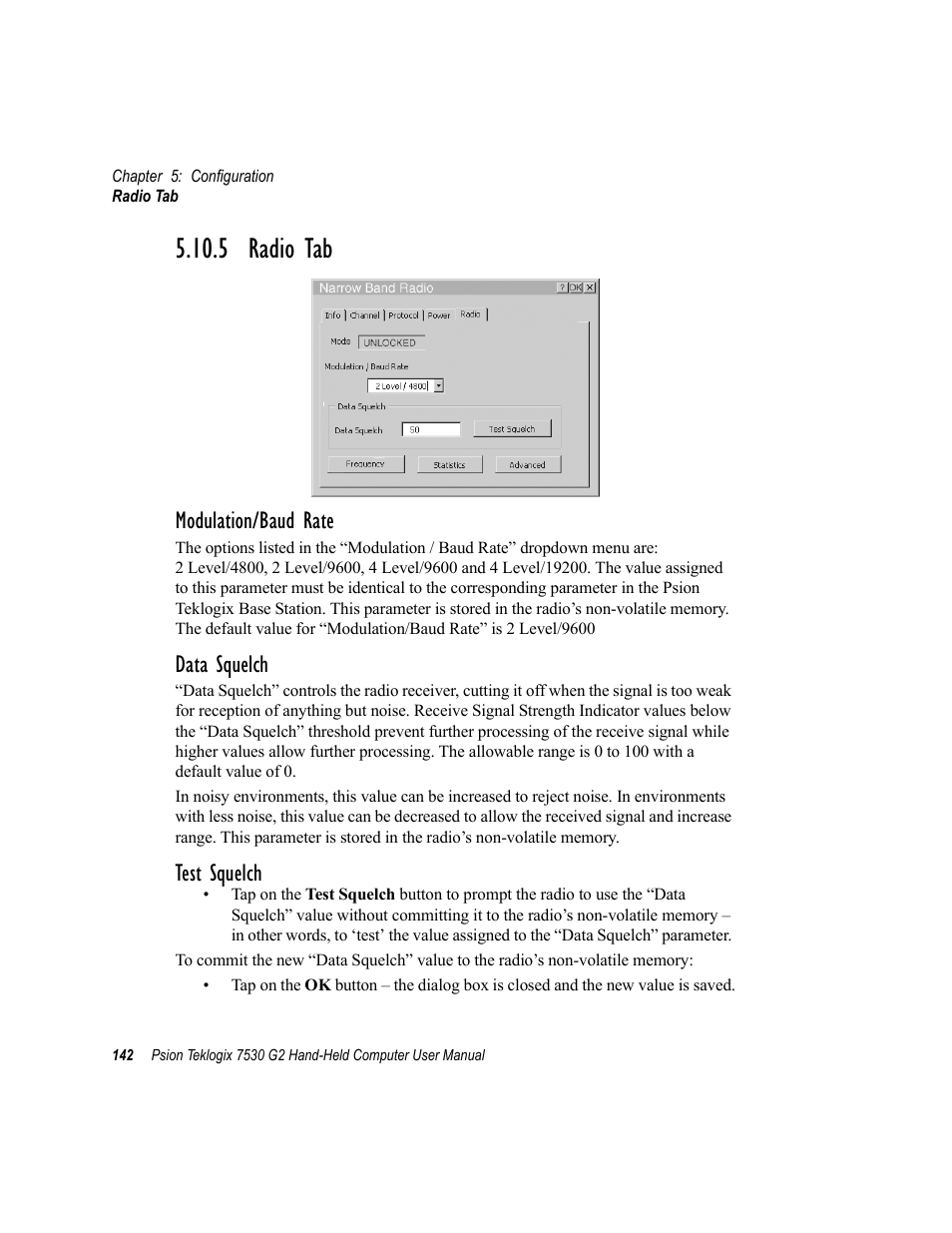 5 radio tab, Modulation/baud rate, Data squelch | Test squelch | Psion Teklogix Hand-Held Computer 7530 G2 User Manual | Page 170 / 296