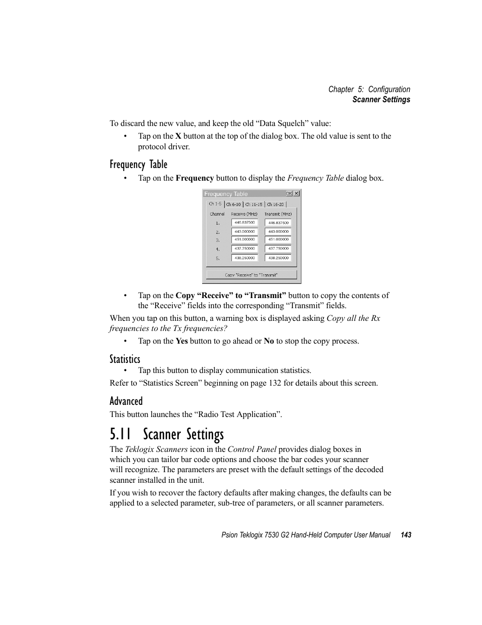 11 scanner settings, Frequency table, Statistics | Advanced | Psion Teklogix Hand-Held Computer 7530 G2 User Manual | Page 171 / 296