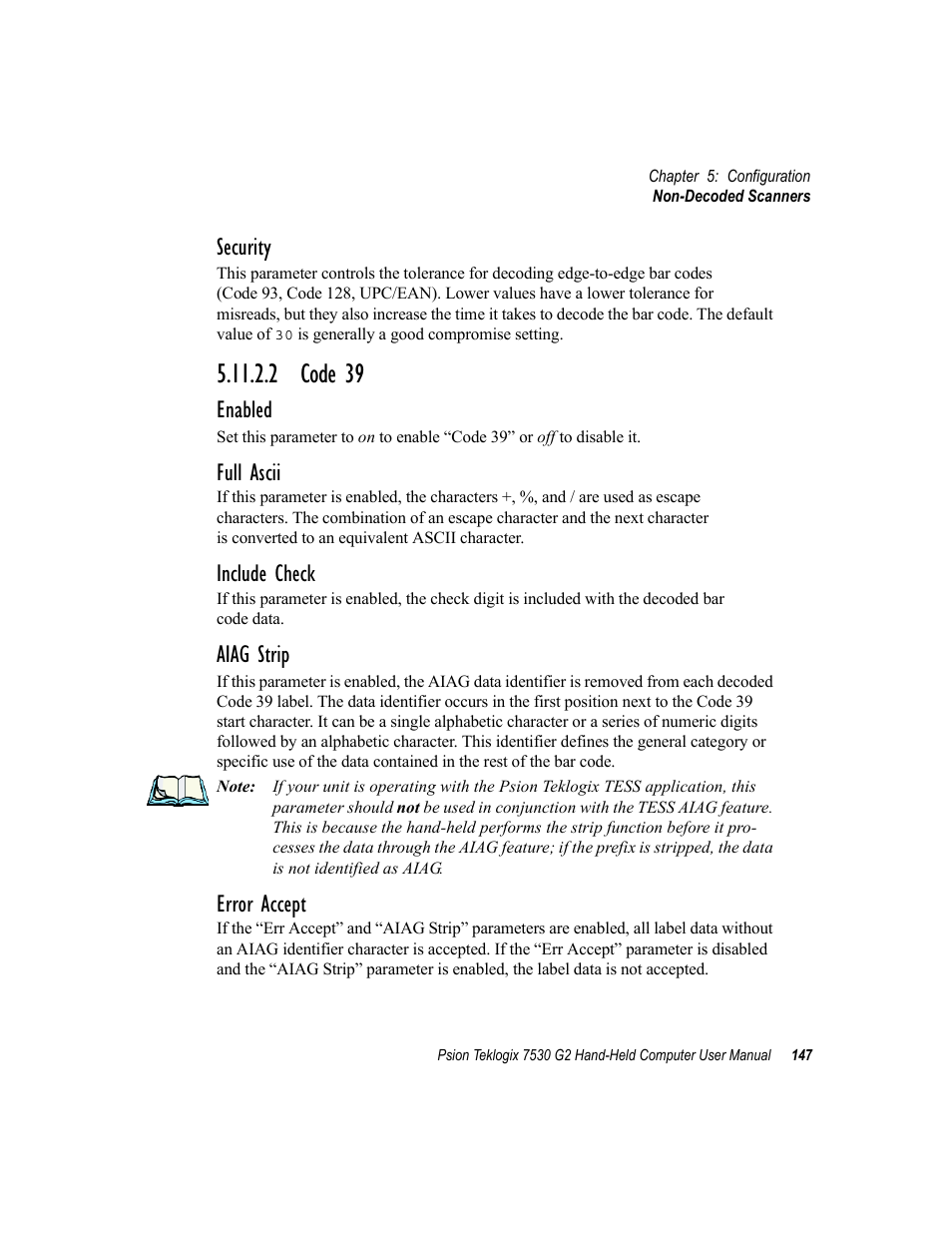 2 code 39, Security, Enabled | Full ascii, Include check, Aiag strip, Error accept | Psion Teklogix Hand-Held Computer 7530 G2 User Manual | Page 175 / 296