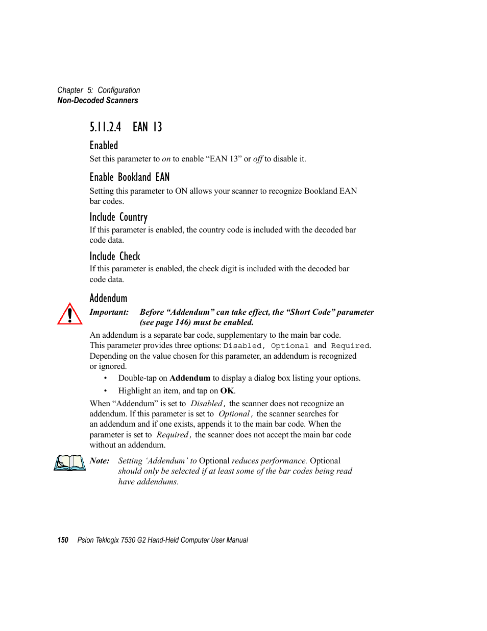 4 ean 13, Enabled, Enable bookland ean | Include country, Include check, Addendum | Psion Teklogix Hand-Held Computer 7530 G2 User Manual | Page 178 / 296