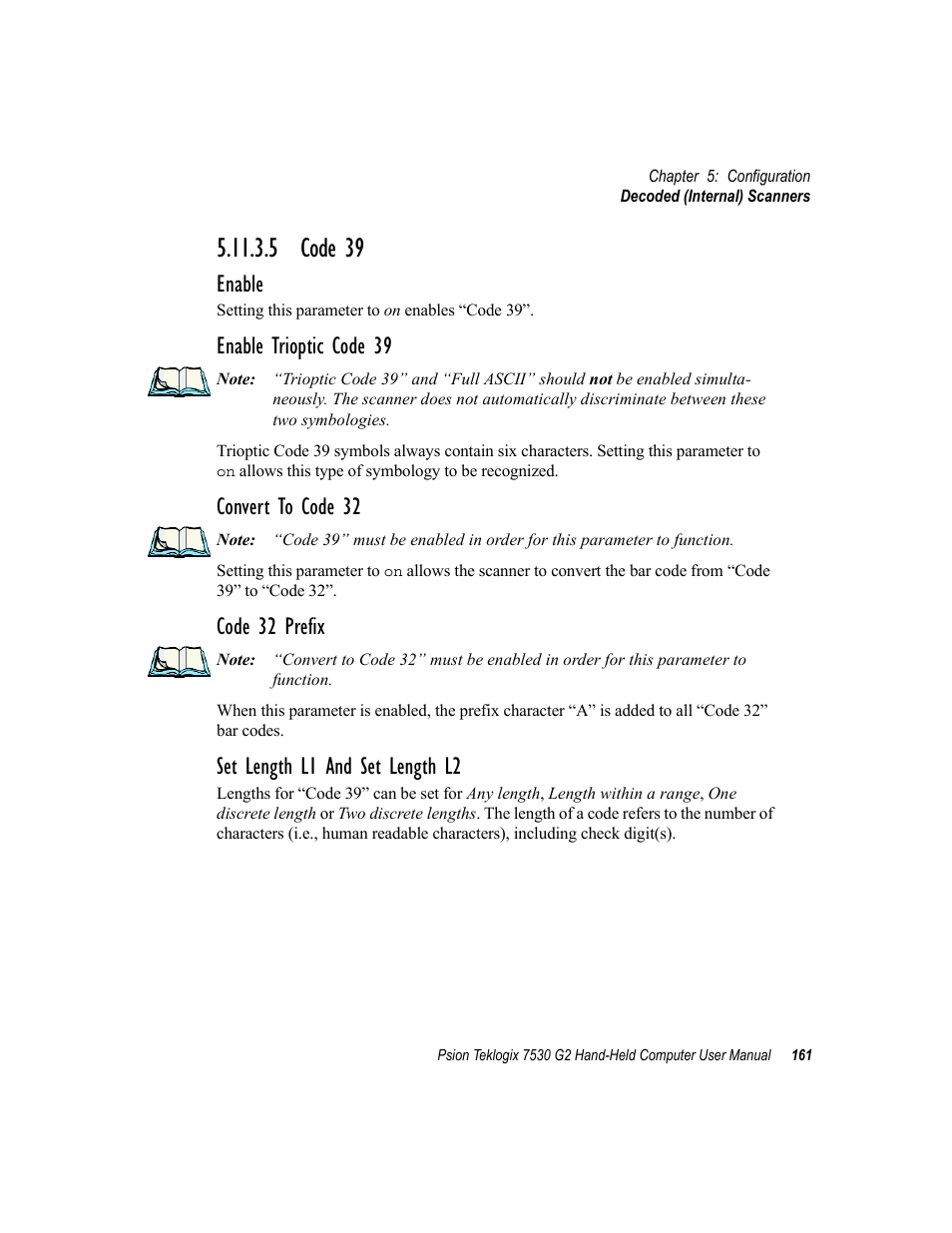 5 code 39, Enable, Enable trioptic code 39 | Convert to code 32, Code 32 prefix, Set length l1 and set length l2 | Psion Teklogix Hand-Held Computer 7530 G2 User Manual | Page 189 / 296