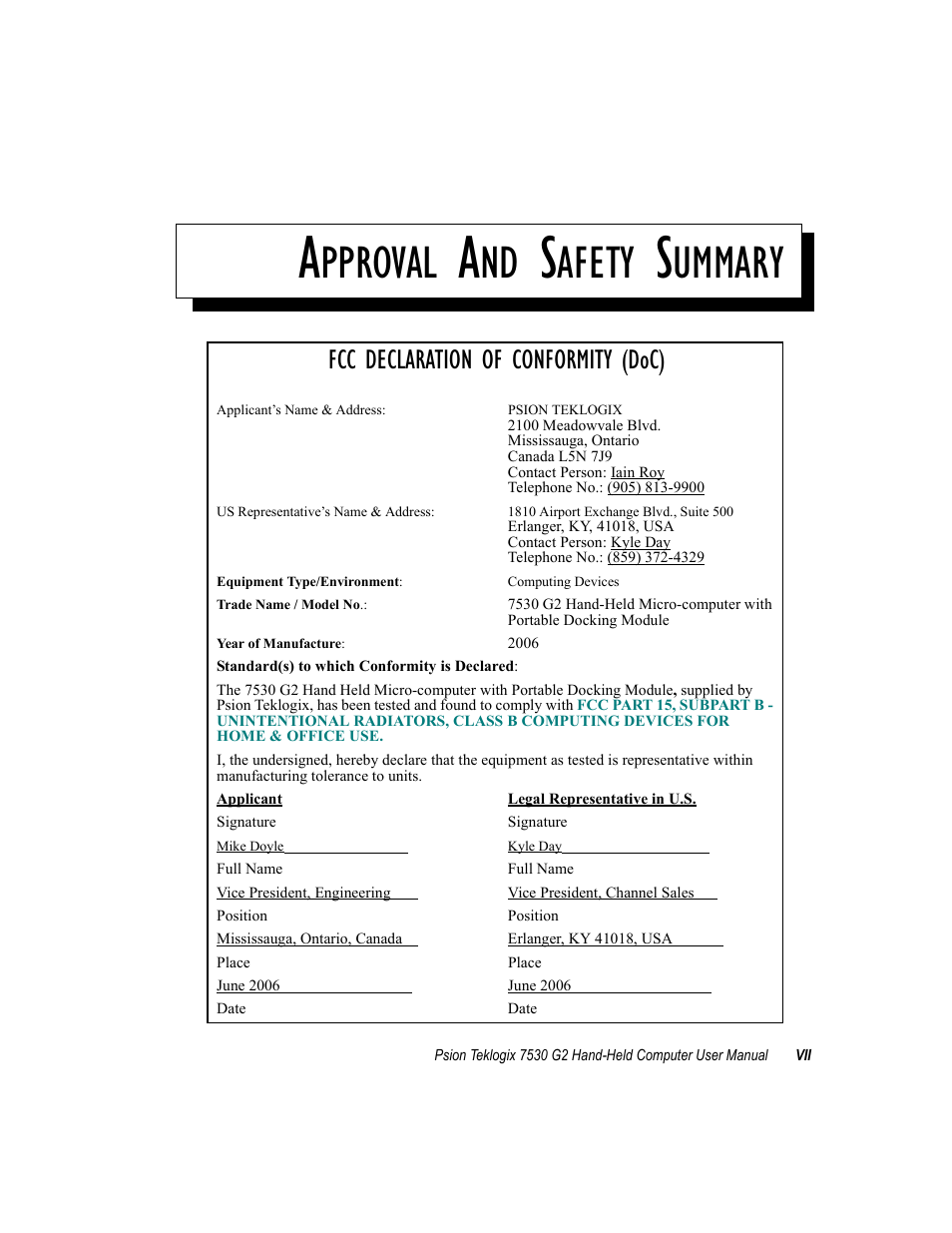 Approval and safety summary, Pproval, Afety | Ummary, Fcc declaration of conformity (doc) | Psion Teklogix Hand-Held Computer 7530 G2 User Manual | Page 19 / 296