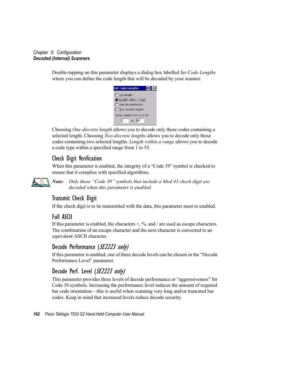 Se2223 only), Check digit verification, Transmit check digit | Full ascii, Decode performance, Decode perf. level | Psion Teklogix Hand-Held Computer 7530 G2 User Manual | Page 190 / 296