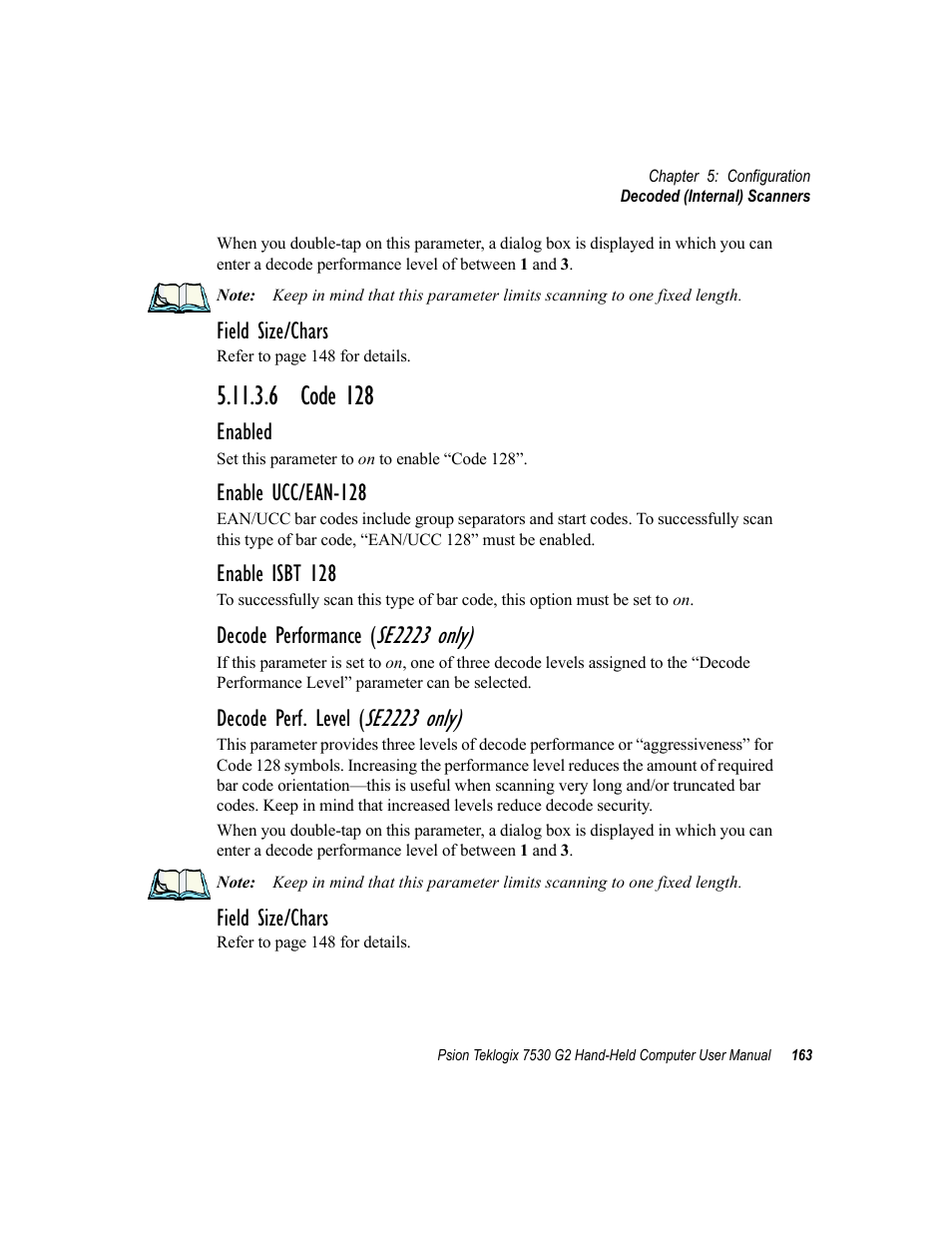 6 code 128, Se2223 only), Field size/chars | Enabled, Enable ucc/ean-128, Enable isbt 128, Decode performance, Decode perf. level | Psion Teklogix Hand-Held Computer 7530 G2 User Manual | Page 191 / 296
