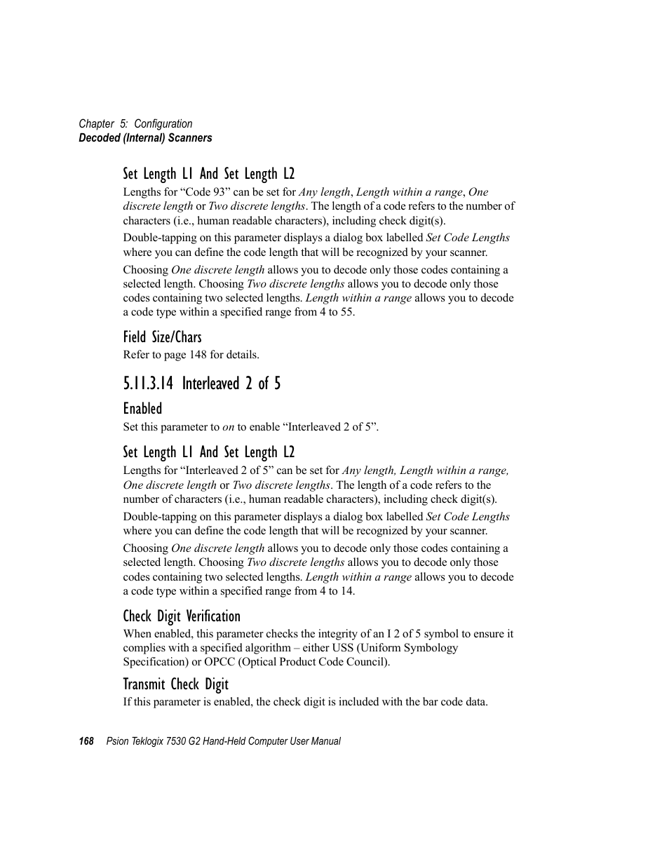 14 interleaved 2 of 5, Set length l1 and set length l2, Field size/chars | Enabled, Check digit verification, Transmit check digit | Psion Teklogix Hand-Held Computer 7530 G2 User Manual | Page 196 / 296