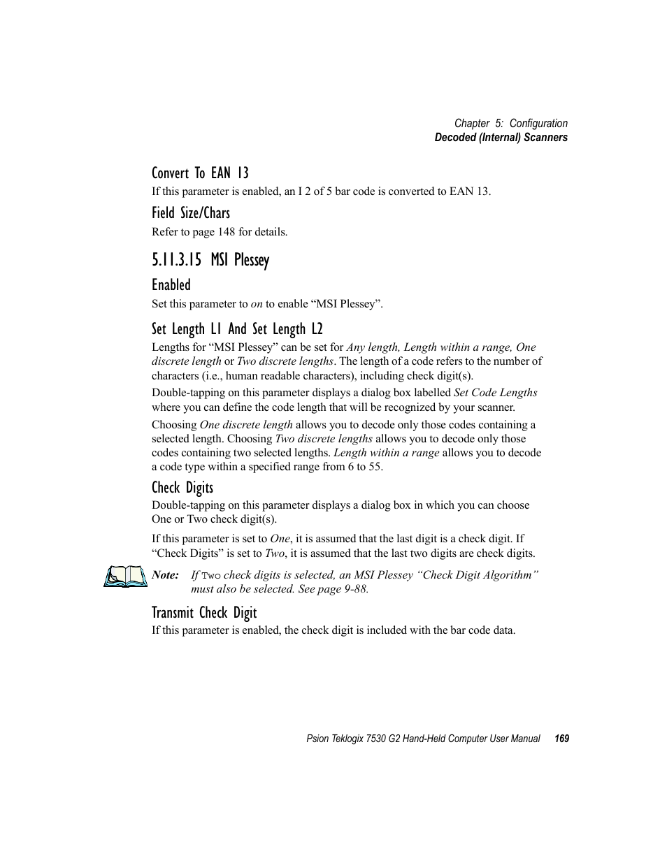 15 msi plessey, Convert to ean 13, Field size/chars | Enabled, Set length l1 and set length l2, Check digits, Transmit check digit | Psion Teklogix Hand-Held Computer 7530 G2 User Manual | Page 197 / 296