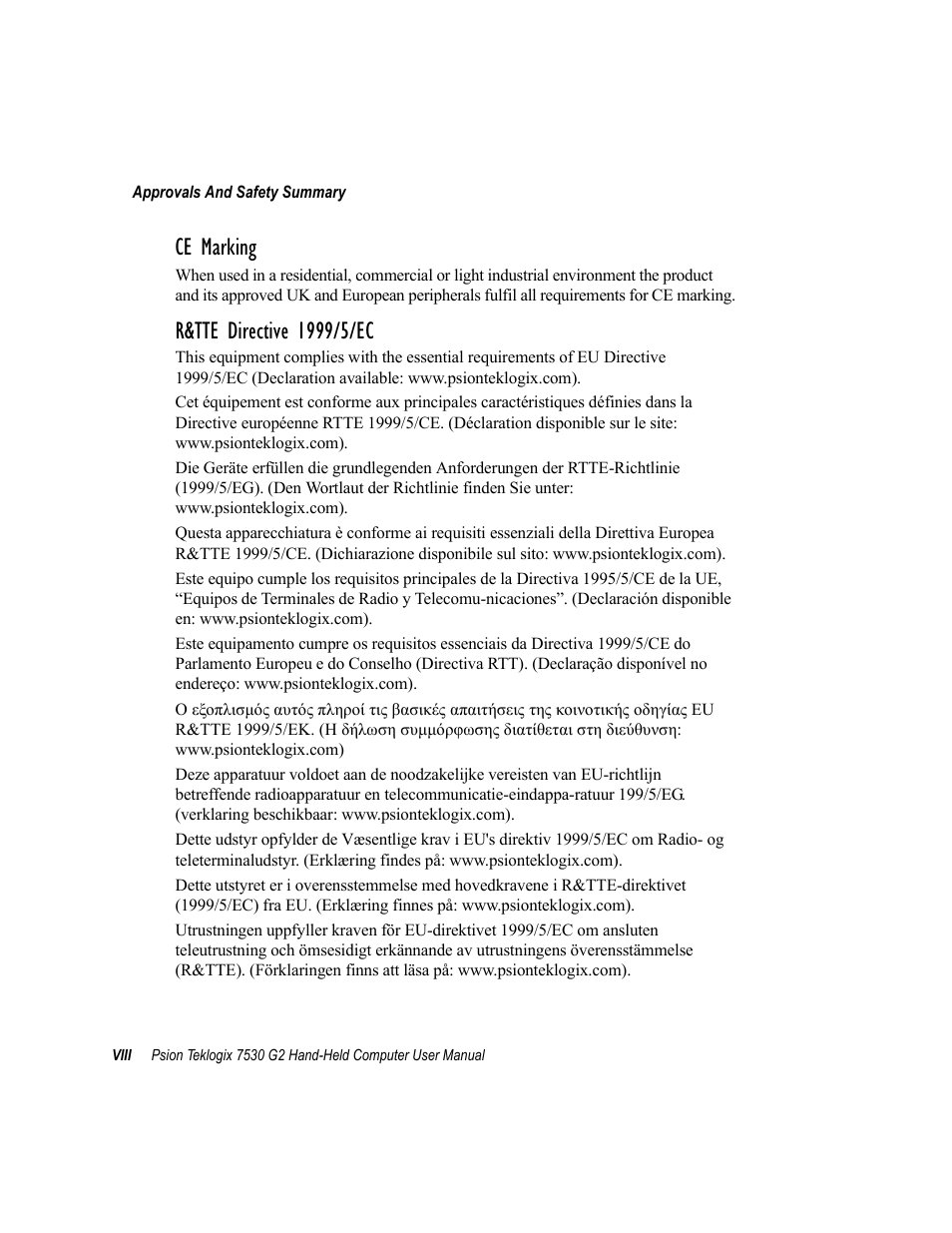 Ce marking | Psion Teklogix Hand-Held Computer 7530 G2 User Manual | Page 20 / 296