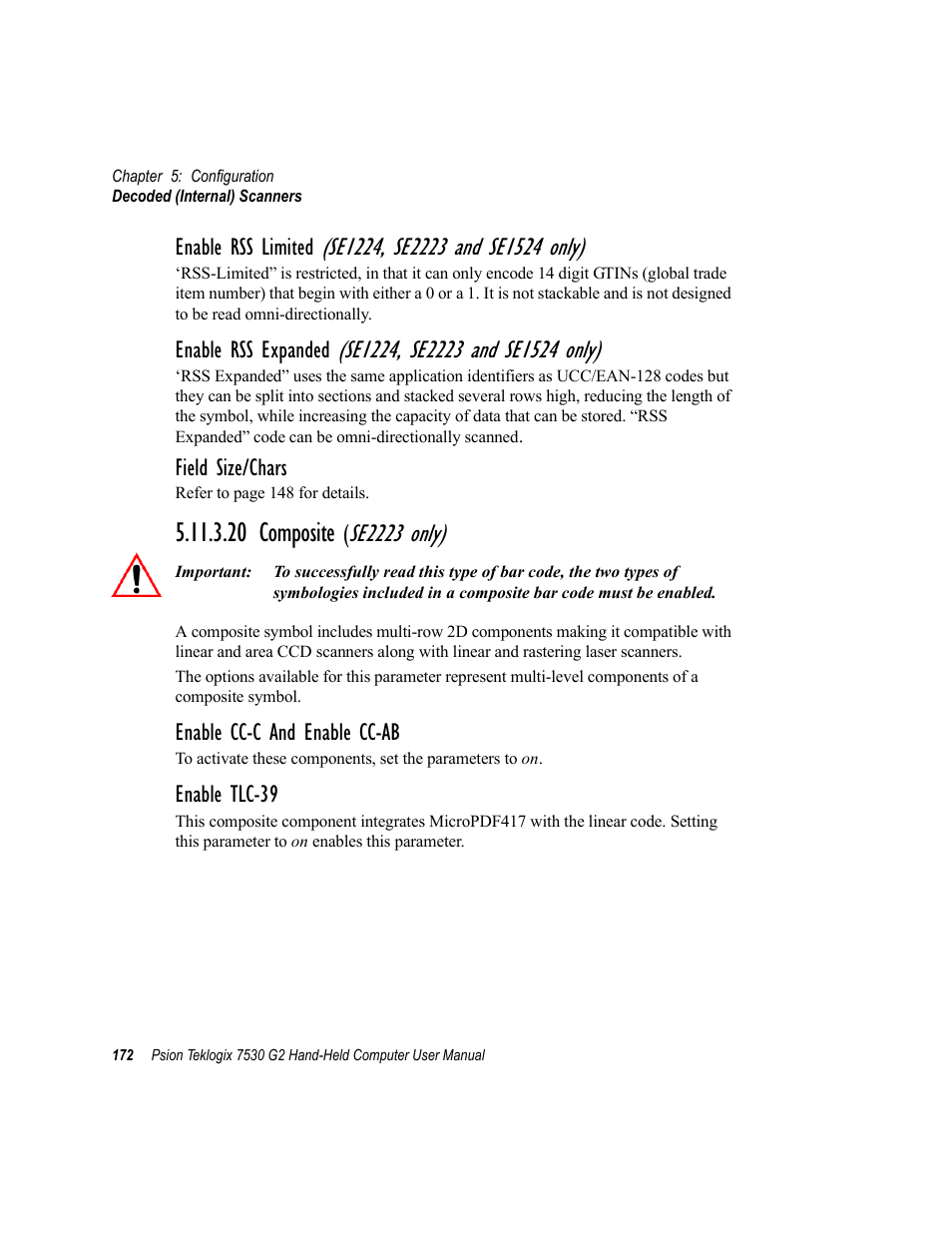 20 composite (se2223 only), 20 composite, Se2223 only) | Enable rss limited, Enable rss expanded, Field size/chars, Enable cc-c and enable cc-ab, Enable tlc-39 | Psion Teklogix Hand-Held Computer 7530 G2 User Manual | Page 200 / 296