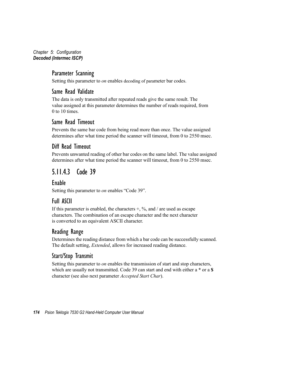 3 code 39, Parameter scanning, Same read validate | Same read timeout, Diff read timeout, Enable, Full ascii, Reading range, Start/stop transmit | Psion Teklogix Hand-Held Computer 7530 G2 User Manual | Page 202 / 296