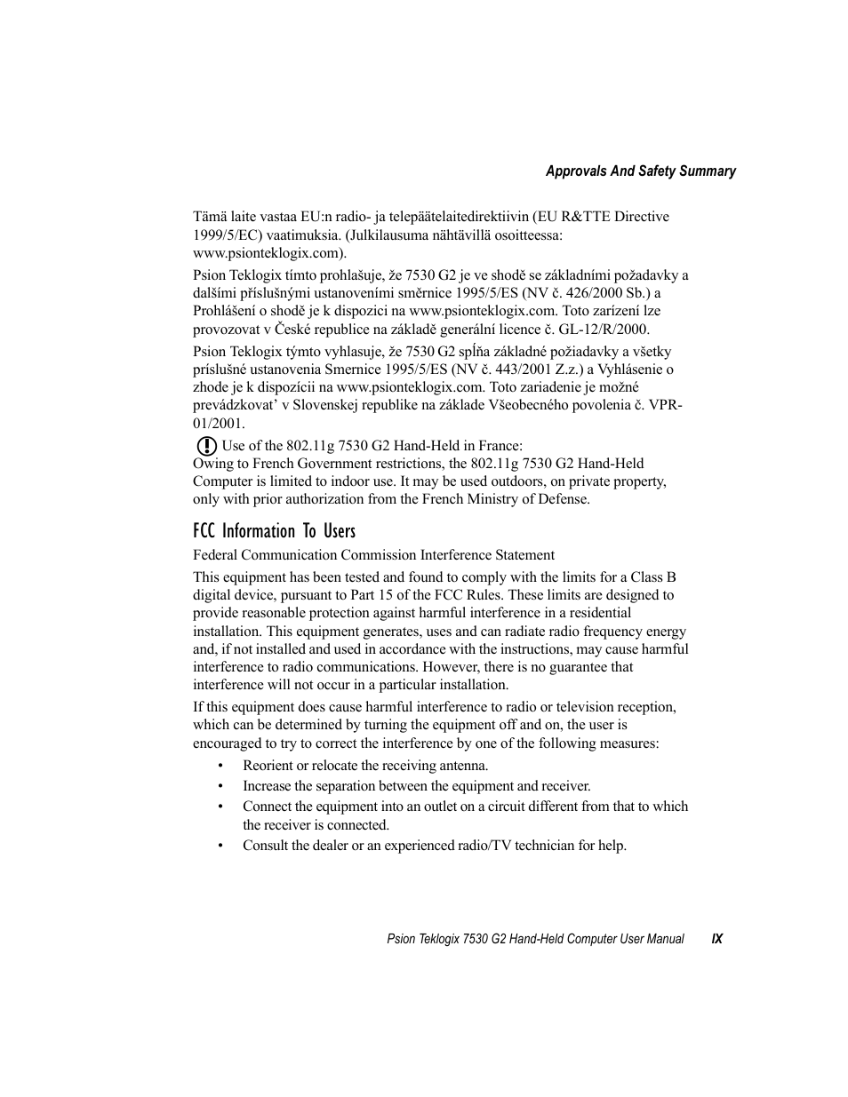 Fcc information to users | Psion Teklogix Hand-Held Computer 7530 G2 User Manual | Page 21 / 296