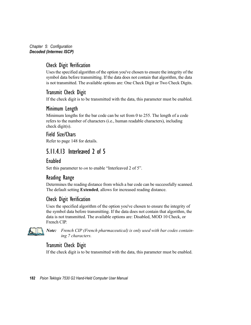 13 interleaved 2 of 5, Check digit verification, Transmit check digit | Minimum length, Field size/chars, Enabled, Reading range | Psion Teklogix Hand-Held Computer 7530 G2 User Manual | Page 210 / 296
