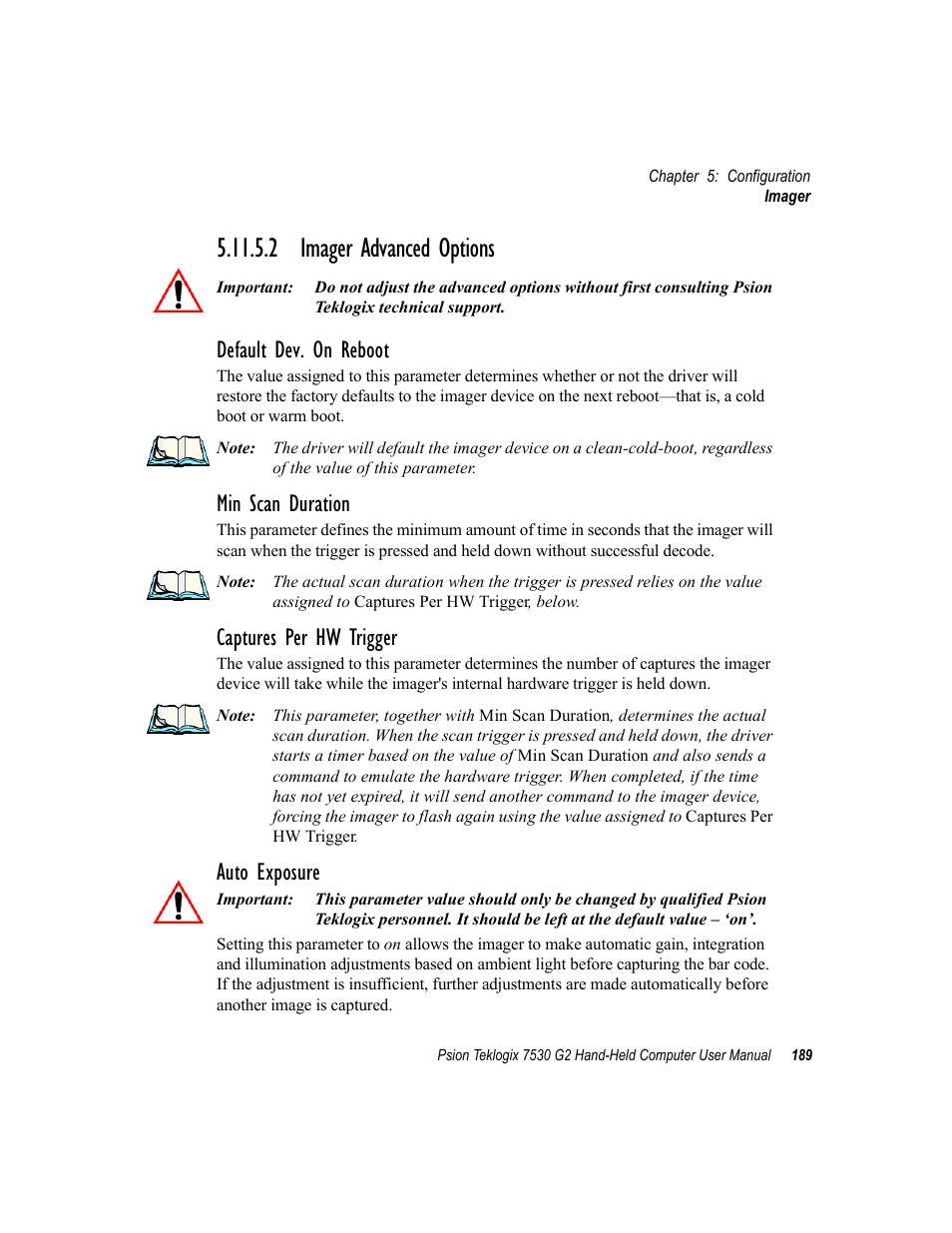 2 imager advanced options, Default dev. on reboot, Min scan duration | Captures per hw trigger, Auto exposure | Psion Teklogix Hand-Held Computer 7530 G2 User Manual | Page 217 / 296