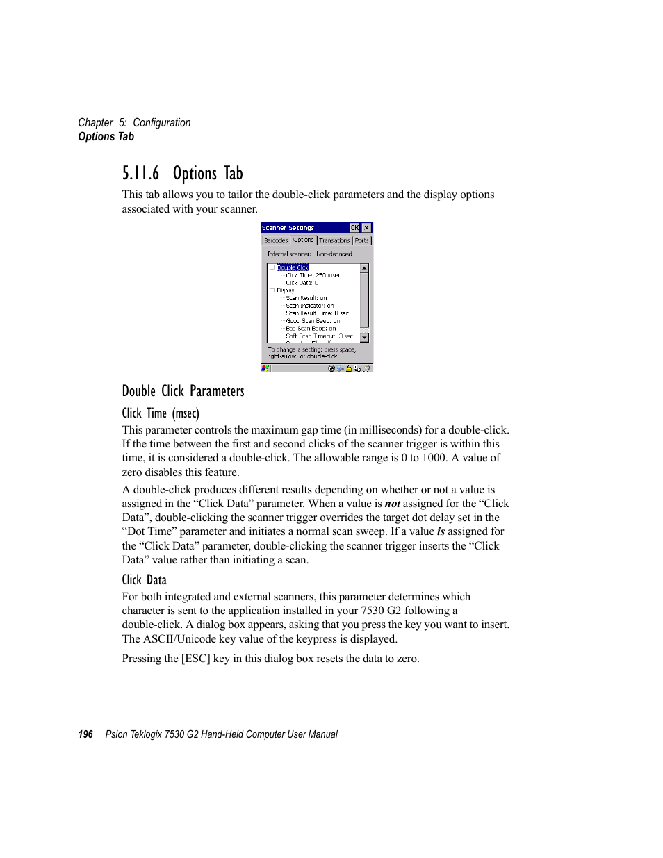 6 options tab, Double click parameters | Psion Teklogix Hand-Held Computer 7530 G2 User Manual | Page 224 / 296