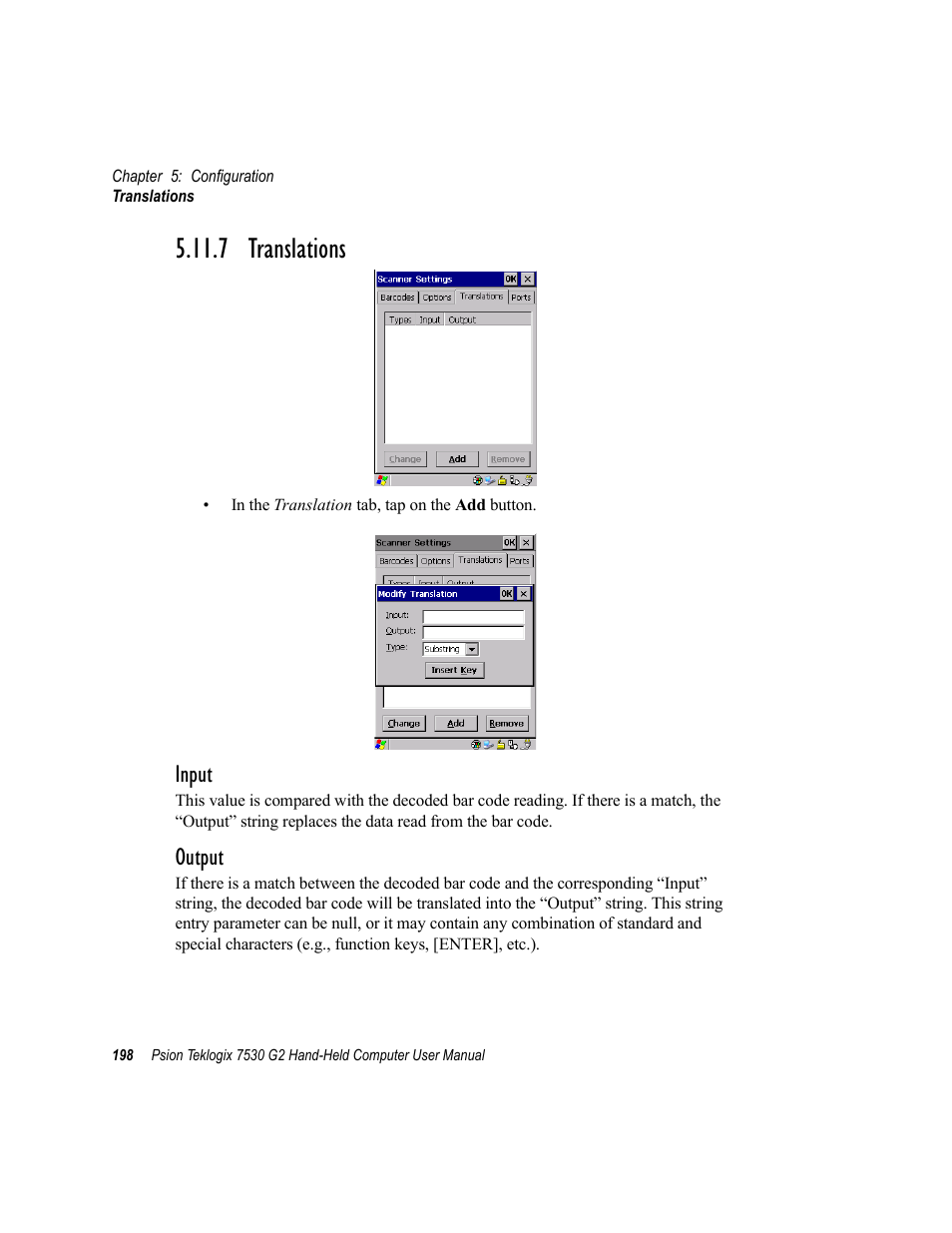 7 translations, Input, Output | Psion Teklogix Hand-Held Computer 7530 G2 User Manual | Page 226 / 296