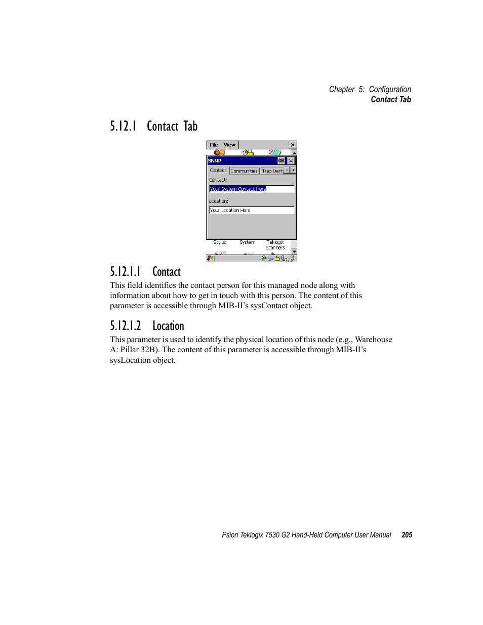 1 contact tab, 1 contact, 2 location | 1 contact 5.12.1.2 location | Psion Teklogix Hand-Held Computer 7530 G2 User Manual | Page 233 / 296