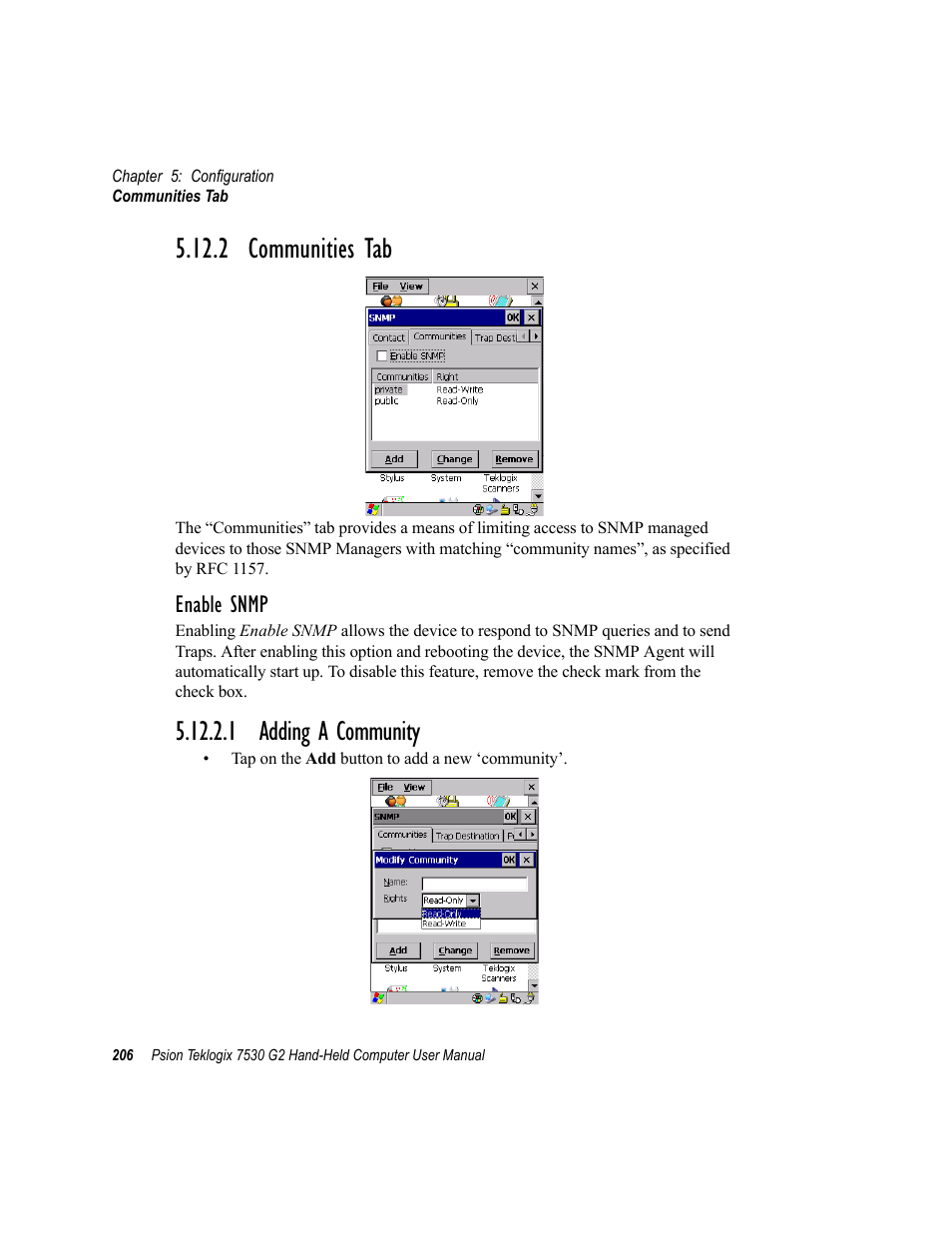 2 communities tab, 1 adding a community, Enable snmp | Psion Teklogix Hand-Held Computer 7530 G2 User Manual | Page 234 / 296