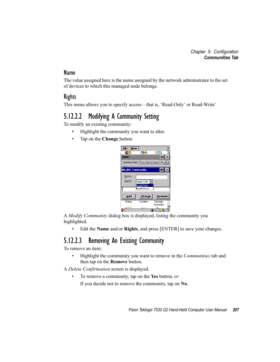 2 modifying a community setting, 3 removing an existing community, Name | Rights | Psion Teklogix Hand-Held Computer 7530 G2 User Manual | Page 235 / 296