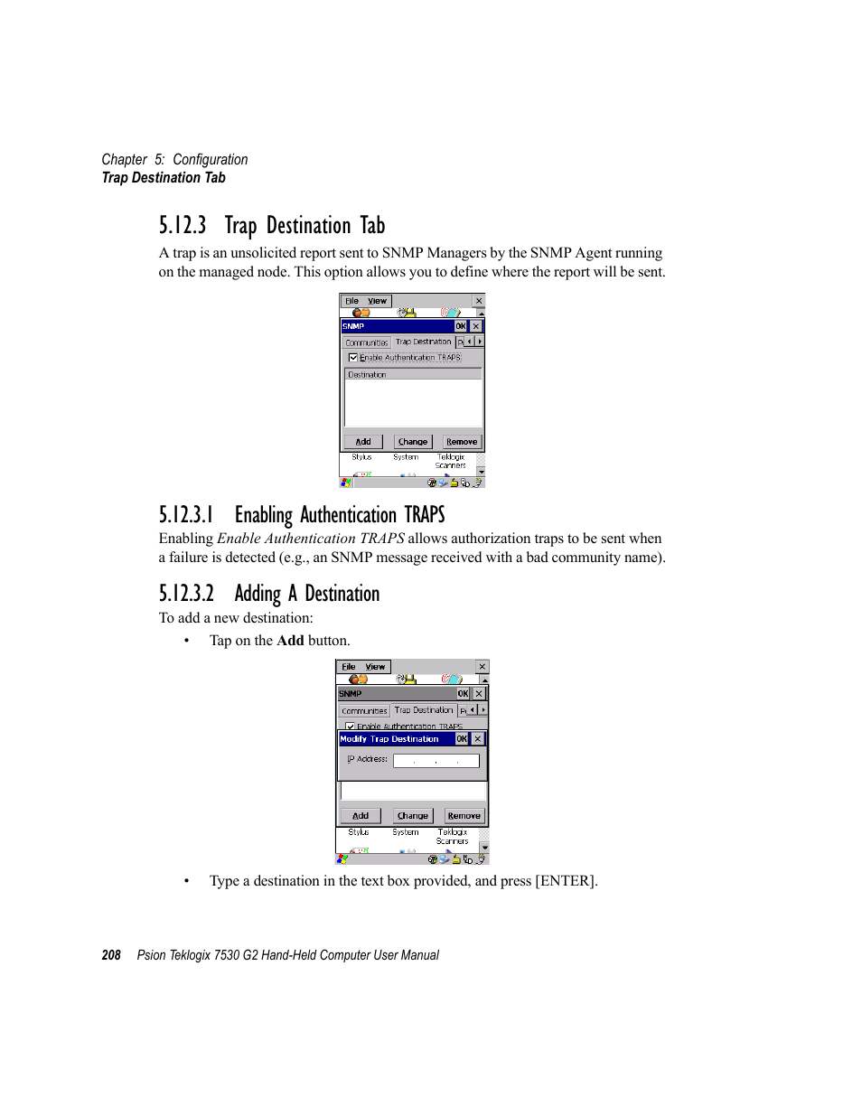 3 trap destination tab, 1 enabling authentication traps, 2 adding a destination | Psion Teklogix Hand-Held Computer 7530 G2 User Manual | Page 236 / 296