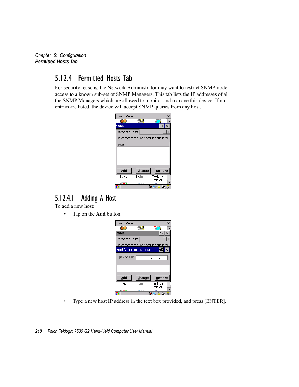 4 permitted hosts tab, 1 adding a host | Psion Teklogix Hand-Held Computer 7530 G2 User Manual | Page 238 / 296