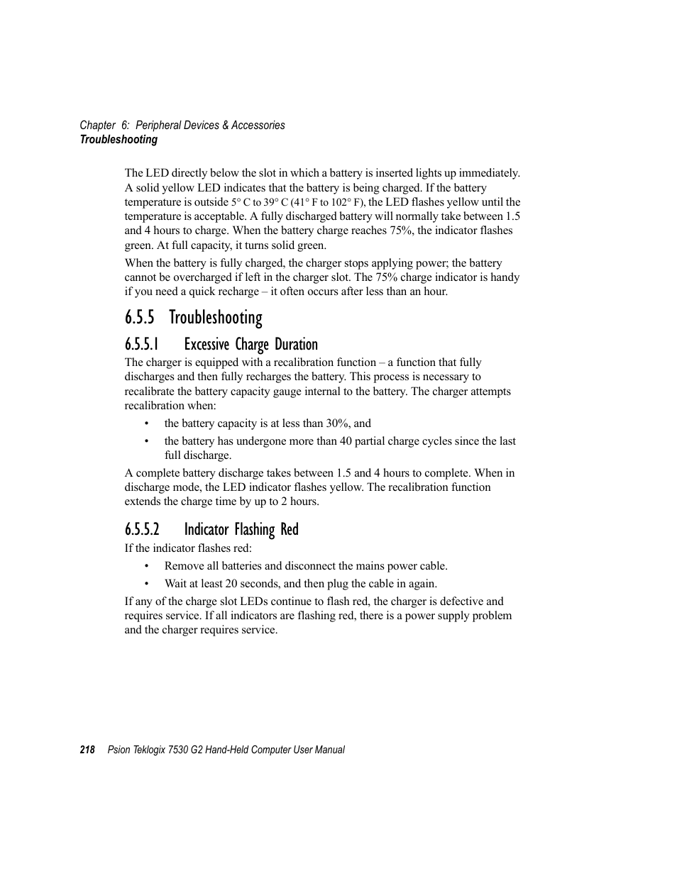 5 troubleshooting, 1 excessive charge duration, 2 indicator flashing red | Psion Teklogix Hand-Held Computer 7530 G2 User Manual | Page 246 / 296