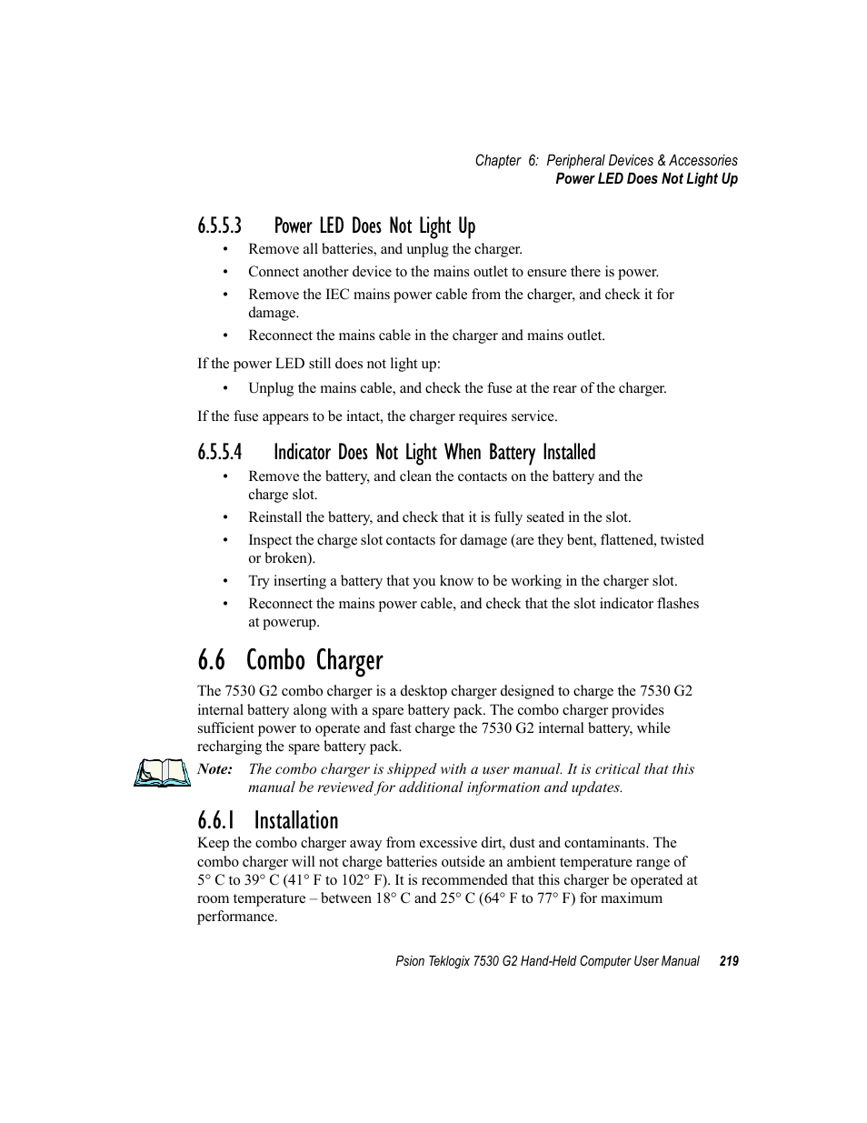 3 power led does not light up, 4 indicator does not light when battery installed, 6 combo charger | 1 installation | Psion Teklogix Hand-Held Computer 7530 G2 User Manual | Page 247 / 296