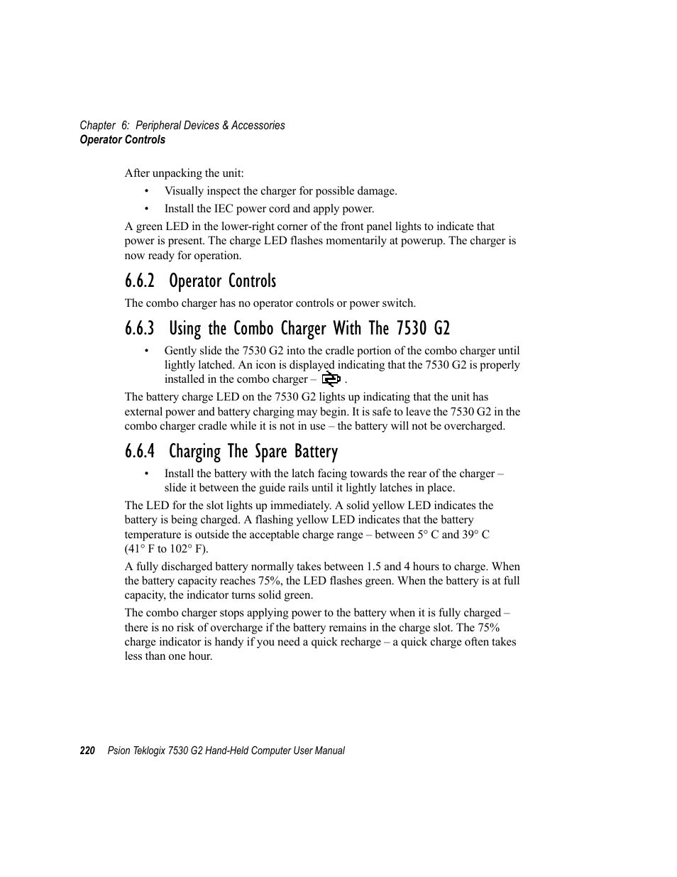 2 operator controls, 3 using the combo charger with the 7530 g2, 4 charging the spare battery | Psion Teklogix Hand-Held Computer 7530 G2 User Manual | Page 248 / 296