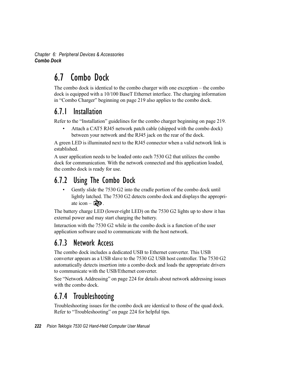 7 combo dock, 1 installation, 2 using the combo dock | 3 network access, 4 troubleshooting | Psion Teklogix Hand-Held Computer 7530 G2 User Manual | Page 250 / 296