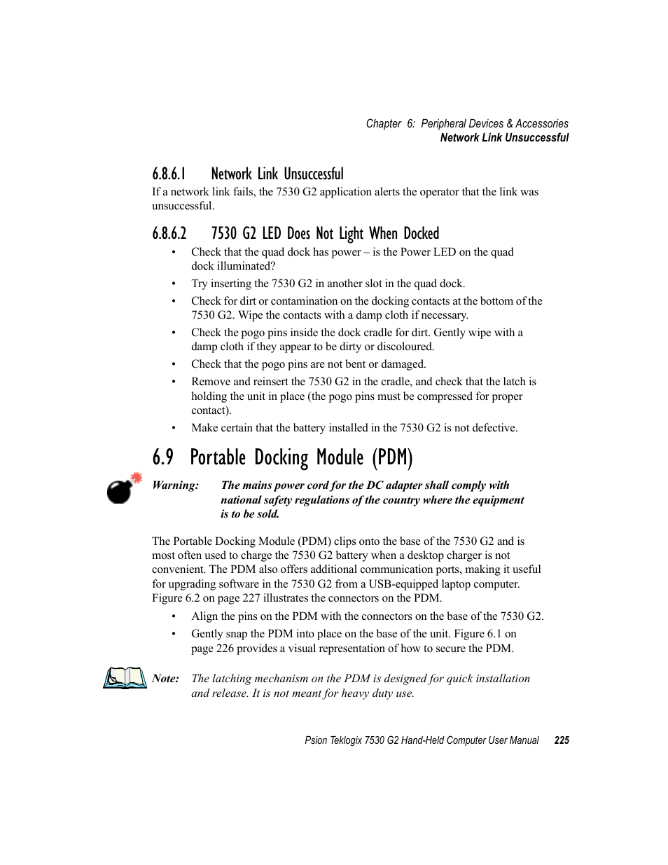 1 network link unsuccessful, 2 7530 g2 led does not light when docked, 9 portable docking module (pdm) | Psion Teklogix Hand-Held Computer 7530 G2 User Manual | Page 253 / 296