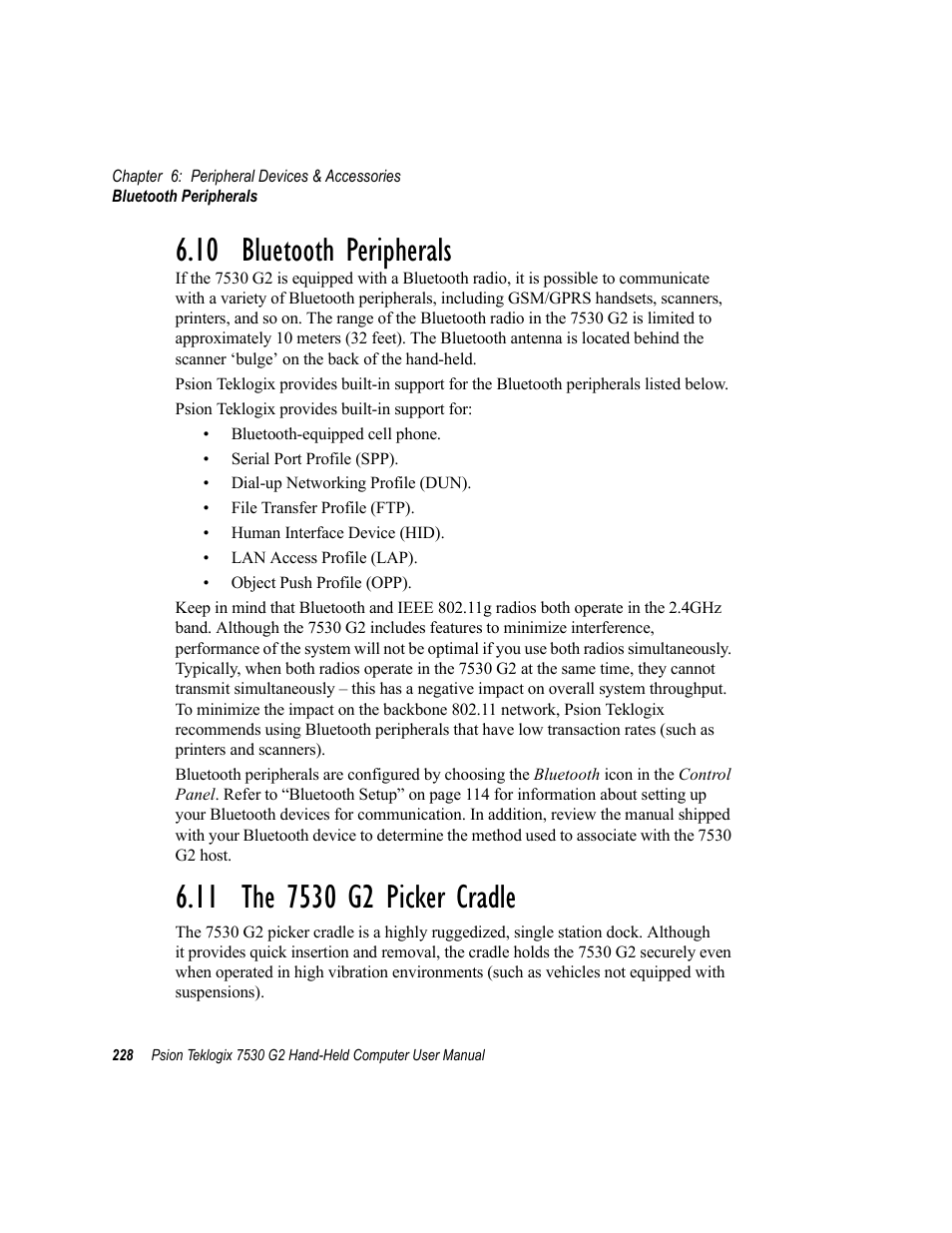 10 bluetooth peripherals, 11 the 7530 g2 picker cradle | Psion Teklogix Hand-Held Computer 7530 G2 User Manual | Page 256 / 296