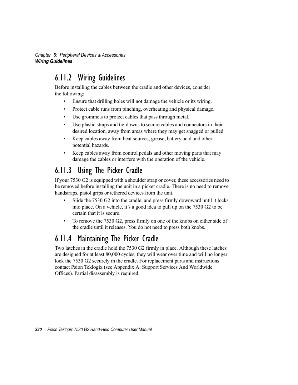 2 wiring guidelines, 3 using the picker cradle, 4 maintaining the picker cradle | Psion Teklogix Hand-Held Computer 7530 G2 User Manual | Page 258 / 296