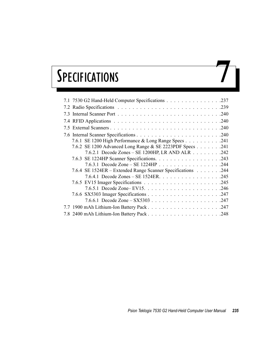 Specifications 7, Chapter 7: specifications, Pecifications | Psion Teklogix Hand-Held Computer 7530 G2 User Manual | Page 263 / 296