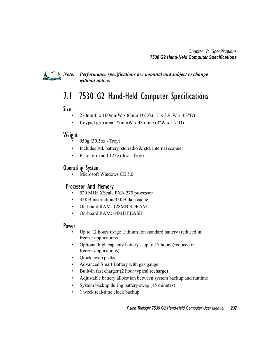 1 7530 g2 hand-held computer specifications, Size, Weight | Operating system, Power | Psion Teklogix Hand-Held Computer 7530 G2 User Manual | Page 265 / 296