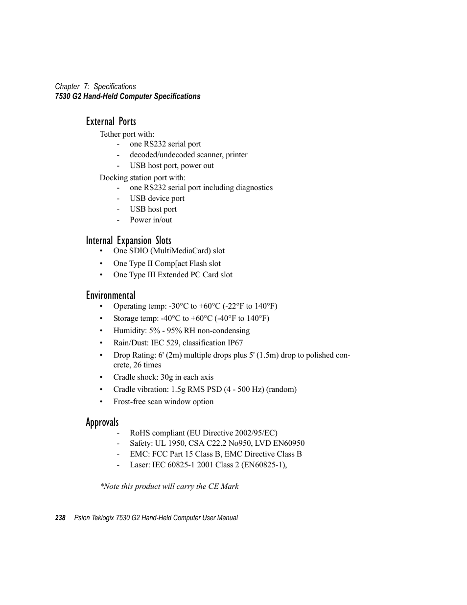 External ports, Internal expansion slots, Environmental | Approvals | Psion Teklogix Hand-Held Computer 7530 G2 User Manual | Page 266 / 296