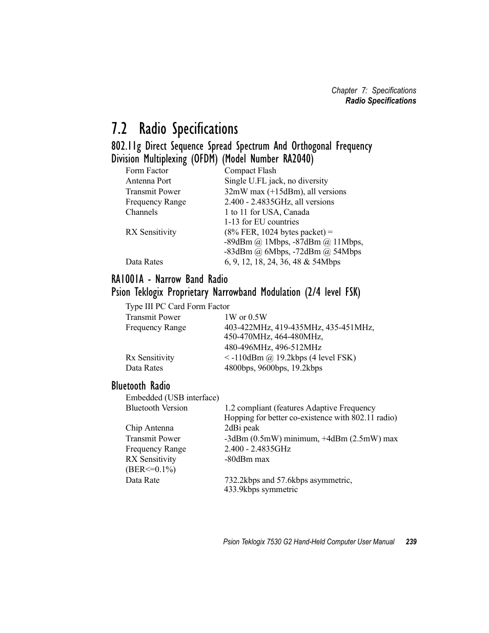 2 radio specifications, Bluetooth radio | Psion Teklogix Hand-Held Computer 7530 G2 User Manual | Page 267 / 296