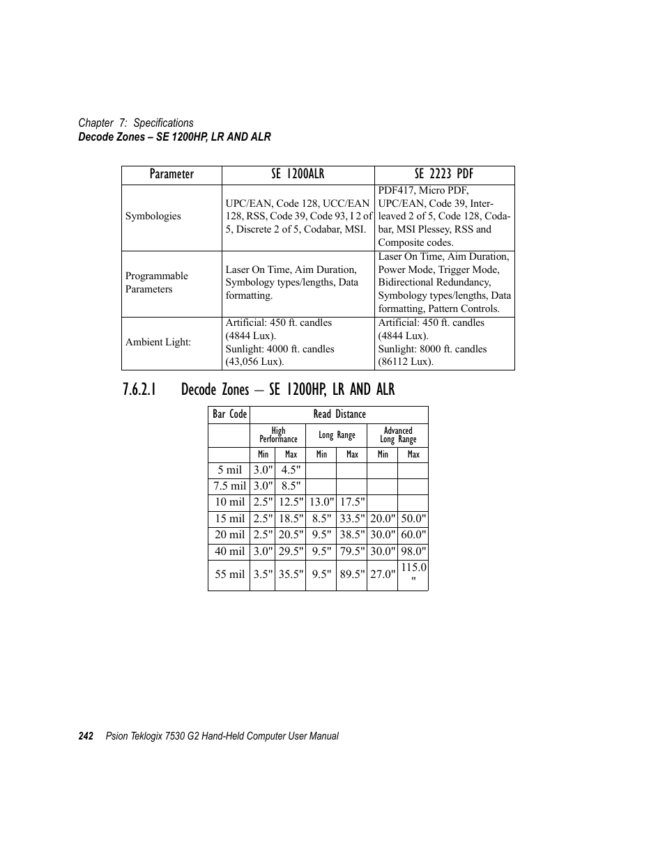 1 decode zones - se 1200hp, lr and alr, 1 decode zones – se 1200hp, lr and alr | Psion Teklogix Hand-Held Computer 7530 G2 User Manual | Page 270 / 296