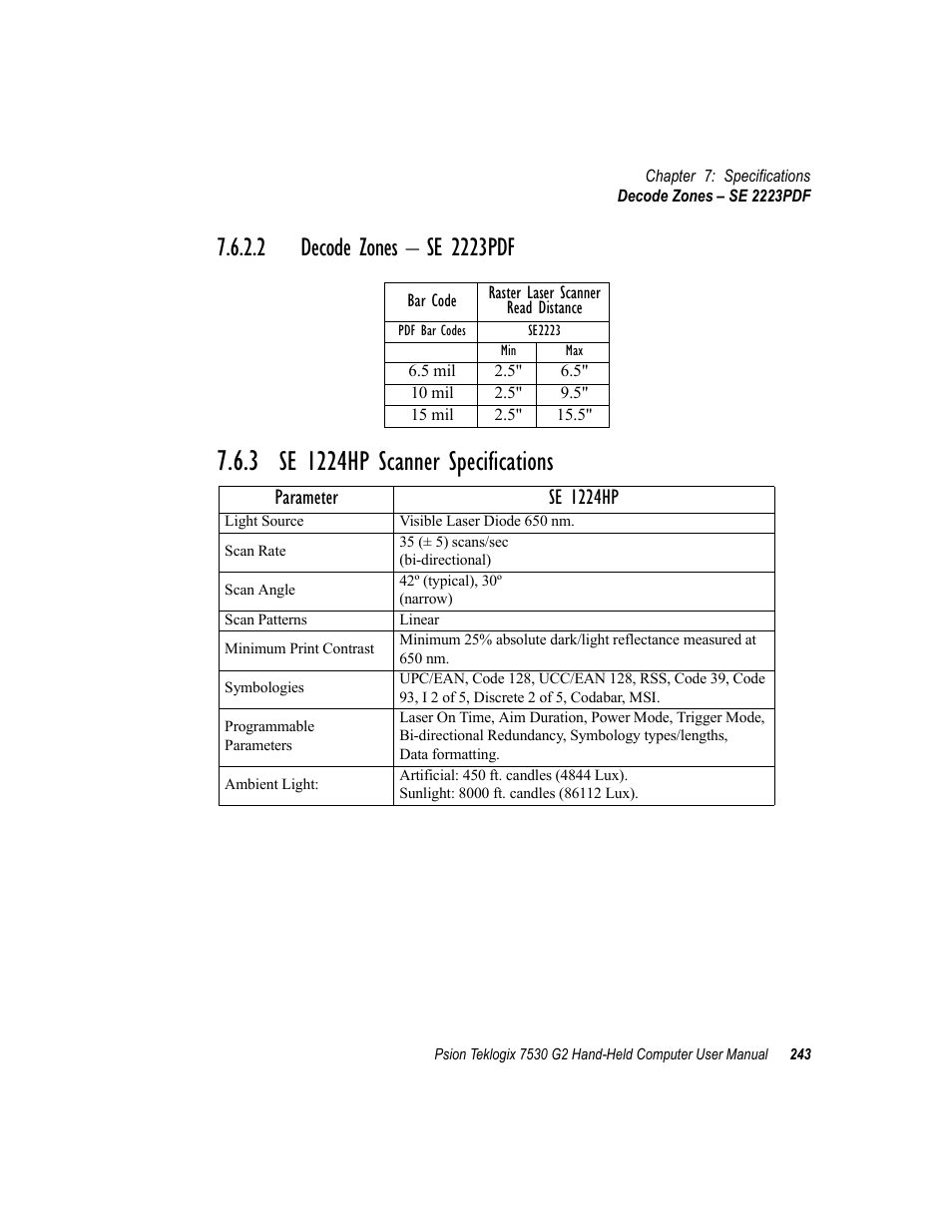 2 decode zones - se 2223pdf, 3 se 1224hp scanner specifications, Se 1224hp scanner specifications | Parameter se 1224hp | Psion Teklogix Hand-Held Computer 7530 G2 User Manual | Page 271 / 296