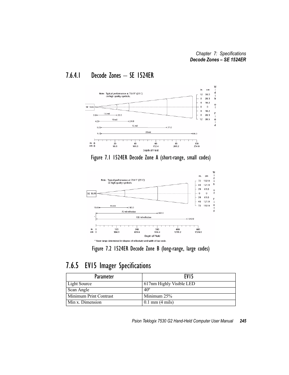 1 decode zones - se 1524er, 5 ev15 imager specifications, 1 decode zones – se 1524er | Ev15 imager specifications | Psion Teklogix Hand-Held Computer 7530 G2 User Manual | Page 273 / 296