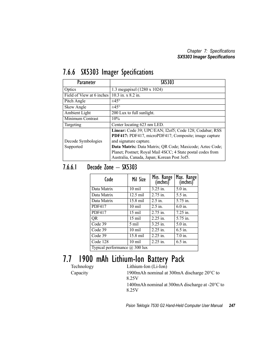 6 sx5303 imager specifications, 1 decode zone - sx5303, 7 1900 mah lithium-ion battery pack | 1 decode zone – sx5303, Parameter sx5303 | Psion Teklogix Hand-Held Computer 7530 G2 User Manual | Page 275 / 296