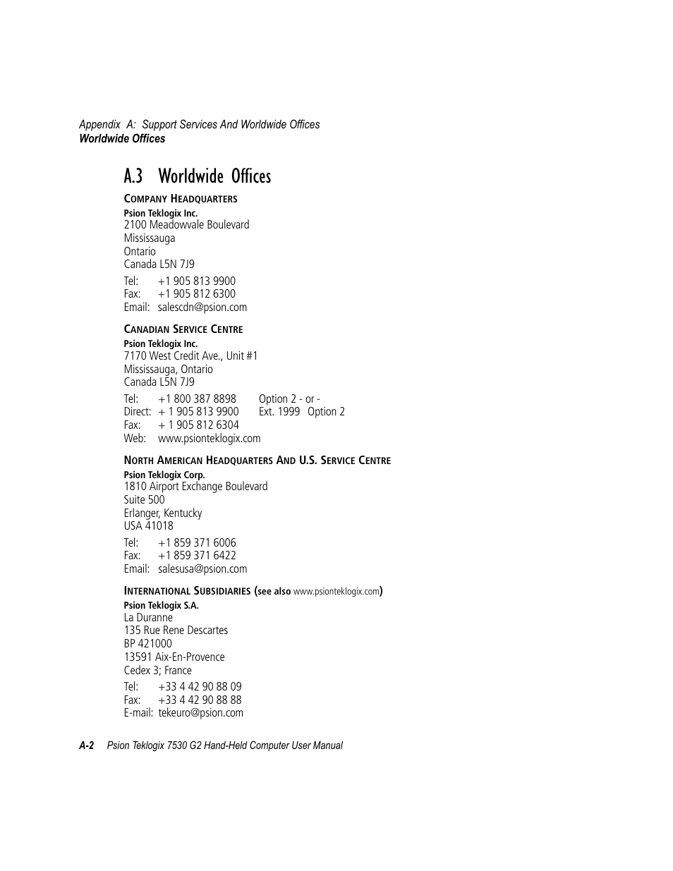 A.3 worldwide offices | Psion Teklogix Hand-Held Computer 7530 G2 User Manual | Page 278 / 296