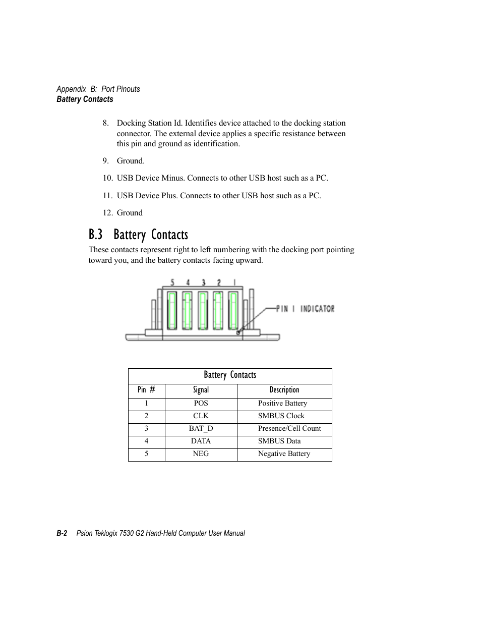 B.3 battery contacts, Battery contacts | Psion Teklogix Hand-Held Computer 7530 G2 User Manual | Page 280 / 296